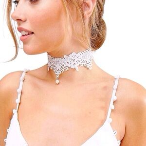 LACE PEARL DROP CHOKER NECKLACE WOMEN COLOR WHITE